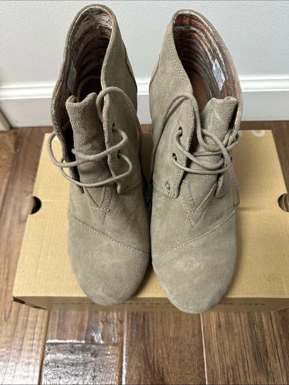 TOMS Taupe Suede Lace-Up Wedge Ankle Booties